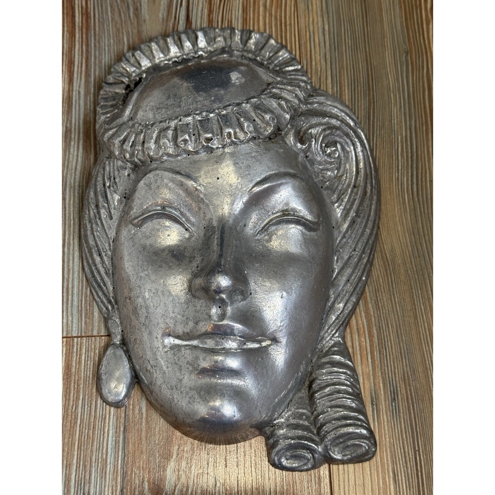 Vintage Silver Toned Metal Wall Plague Female Face Large 11.5x7.25"